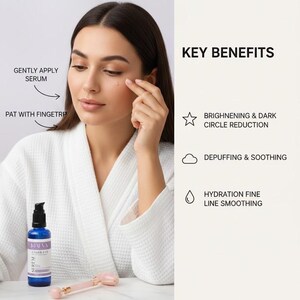 May include: Image of a woman in a white robe with a blue serum bottle and a pink facial roller. Text reads "Refresh Your Look, Awaken Tired Eyes." Key benefits include brightening, depuffing, and hydration. The image suggests a skincare routine.