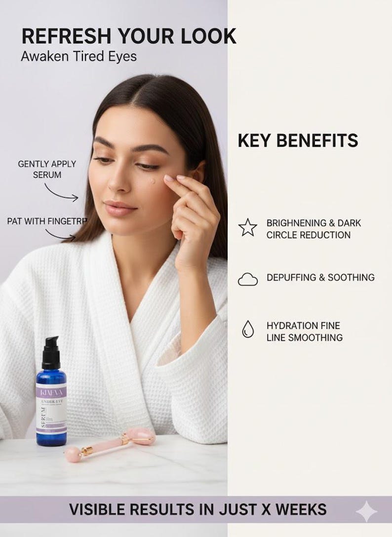 May include: Image of a woman in a white robe with a blue serum bottle and a pink facial roller. Text reads "Refresh Your Look, Awaken Tired Eyes." Key benefits include brightening, depuffing, and hydration. The image suggests a skincare routine.