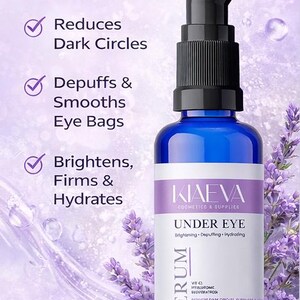 May include: A blue under-eye serum bottle with a black pump, the label reads "KIAEVA UNDER EYE SERUM". The text on the bottle highlights benefits like reducing dark circles and hydrating. The background features lavender and ice.