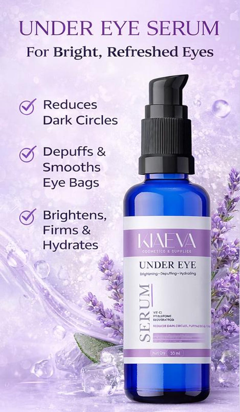 May include: A blue under-eye serum bottle with a black pump, the label reads "KIAEVA UNDER EYE SERUM". The text on the bottle highlights benefits like reducing dark circles and hydrating. The background features lavender and ice.