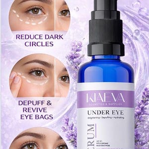 May include: A blue eye serum bottle with a black pump, labeled "Under Eye Serum." The image includes text: "Revitalize Tired Eyes," "Reduce Dark Circles," "Depuff & Revive Eye Bags," and "Brighten & Hydrate." The bottle contains 30 ml.