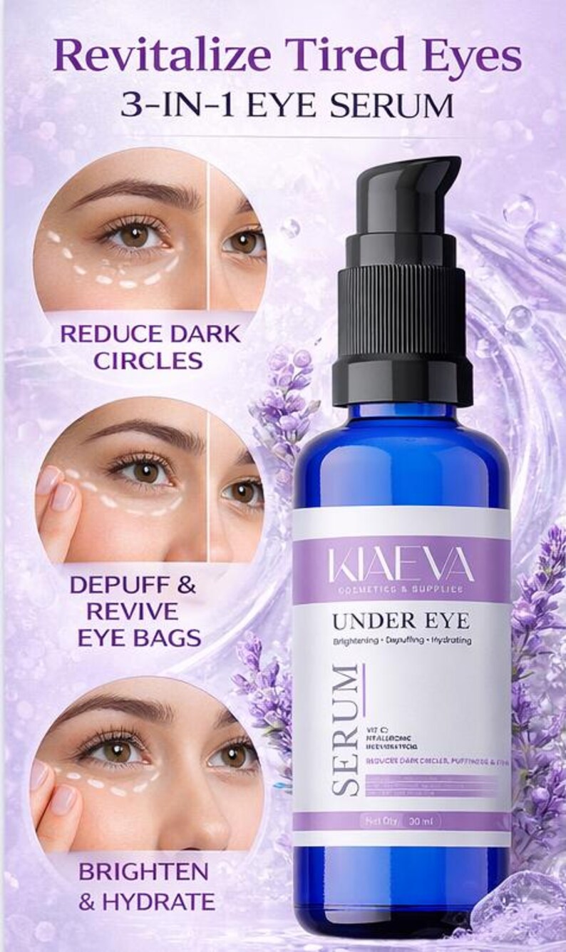 May include: A blue eye serum bottle with a black pump, labeled "Under Eye Serum." The image includes text: "Revitalize Tired Eyes," "Reduce Dark Circles," "Depuff & Revive Eye Bags," and "Brighten & Hydrate." The bottle contains 30 ml.