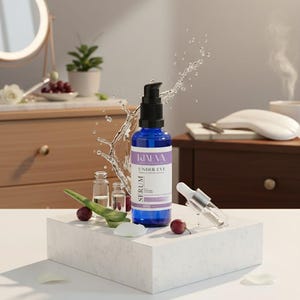 May include: A blue serum bottle with a black pump dispenser, labeled "KIALVA UNDER EYE SERUM," sits on a white marble block. Water splashes around the bottle, with a dropper and small vials nearby. Cherries and aloe vera are also present.