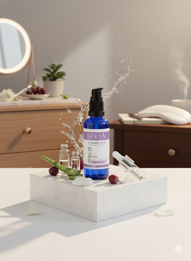 May include: A blue serum bottle with a black pump dispenser, labeled "KIALVA UNDER EYE SERUM," sits on a white marble block. Water splashes around the bottle, with a dropper and small vials nearby. Cherries and aloe vera are also present.