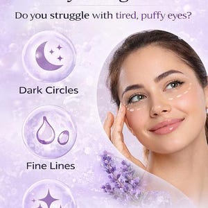May include: An advertisement for an eye care product. The image features a woman touching her face, with text highlighting benefits like reducing dark circles and fine lines. The background is a soft purple with lavender accents.