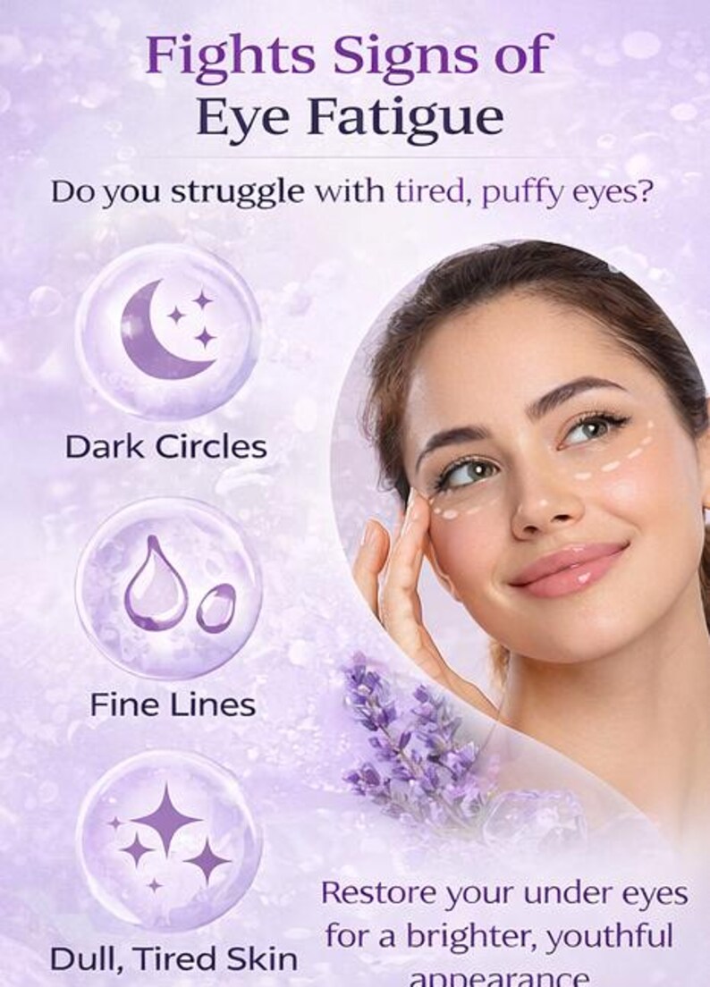 May include: An advertisement for an eye care product. The image features a woman touching her face, with text highlighting benefits like reducing dark circles and fine lines. The background is a soft purple with lavender accents.