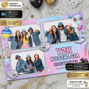 Y2K Photo Booth Template – 6x4 Photobooth Strip, Y2K Party Photo Booth Frame, Retro 2000s Photobooth Template, Editable Photo Booth