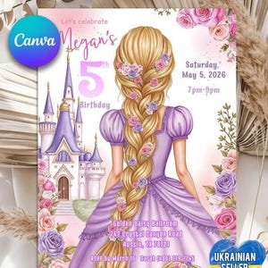 Pode incluir: Convite digital, 5x7 polegadas, com uma ilustração de princesa em um vestido roxo e cabelos loiros longos. O convite inclui o texto "Megan's 5th Birthday", detalhes do evento e um gráfico de castelo. Detalhes florais e o logotipo Canva também estão presentes.