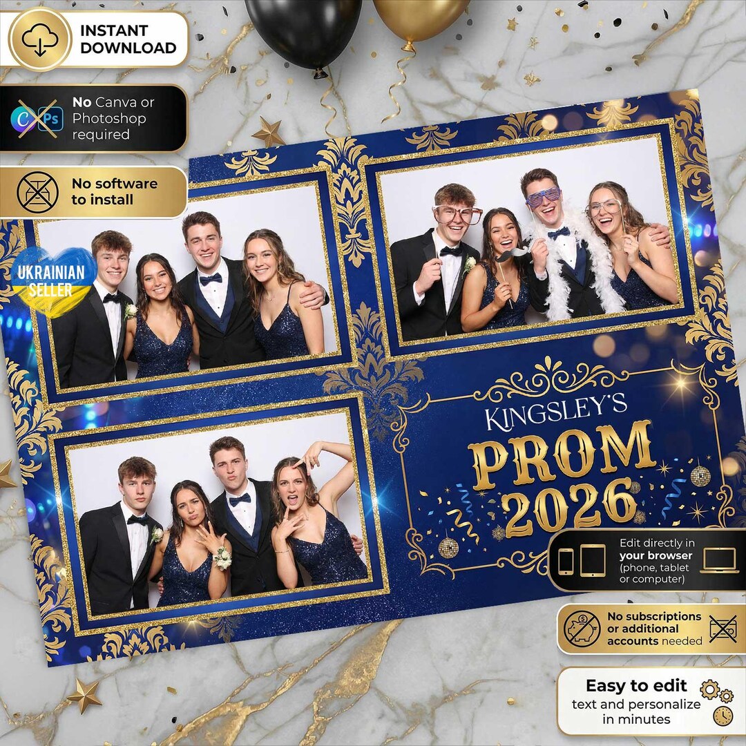 Prom Frame Royal Prom Photo Booth Template 4x6 Elegant Gold Blue Prom Photobooth ...