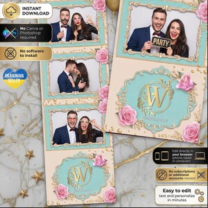 May include: A photo booth template with a light teal and gold frame design, featuring photos of couples. The template includes pink roses, the letter "W", and the date 08/05/2029. Text includes "Instant Download" and "Easy to edit text and personalize in minutes."