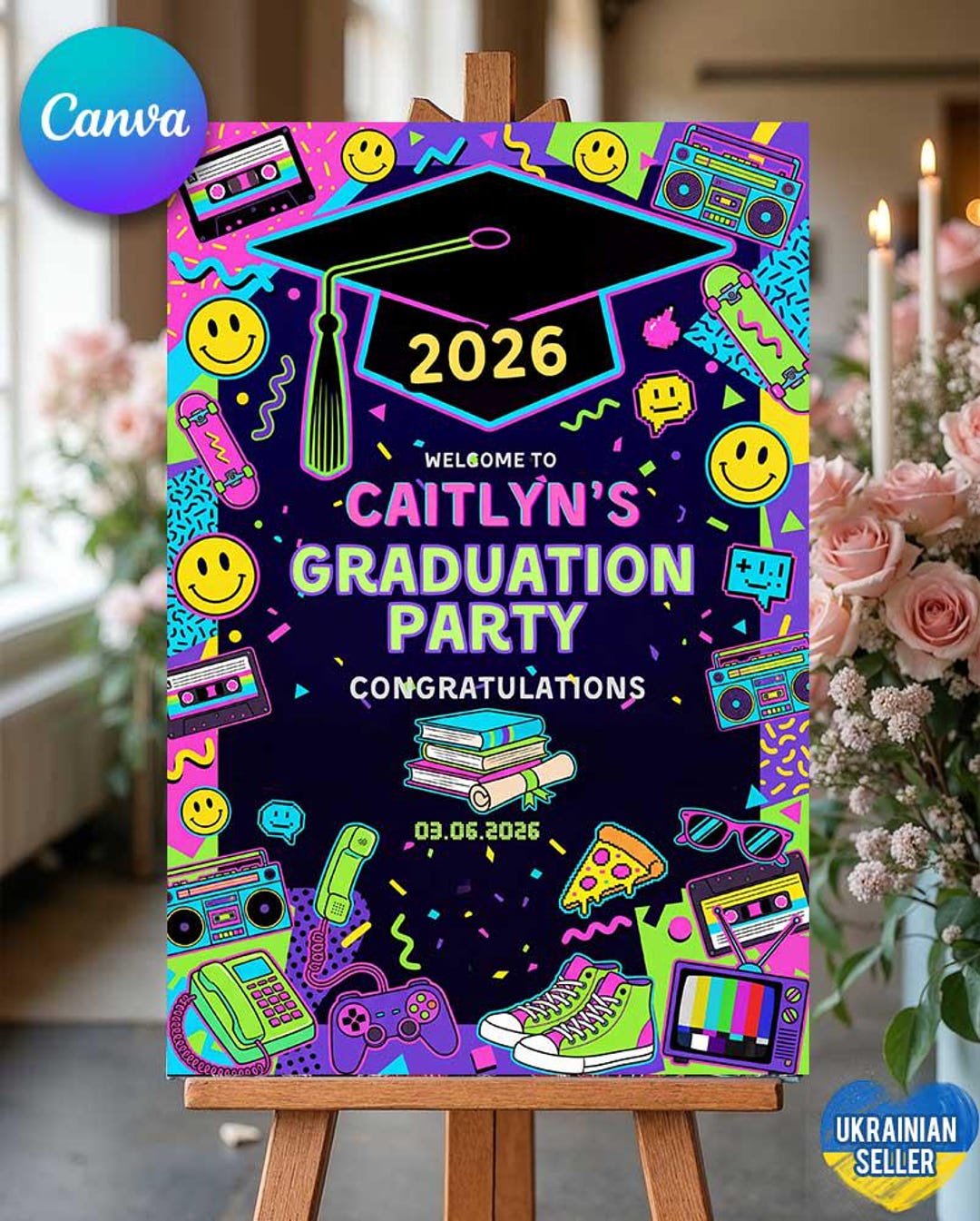 90s Graduation Welcome Sign Template, Retro Neon Graduation Party Sign ...