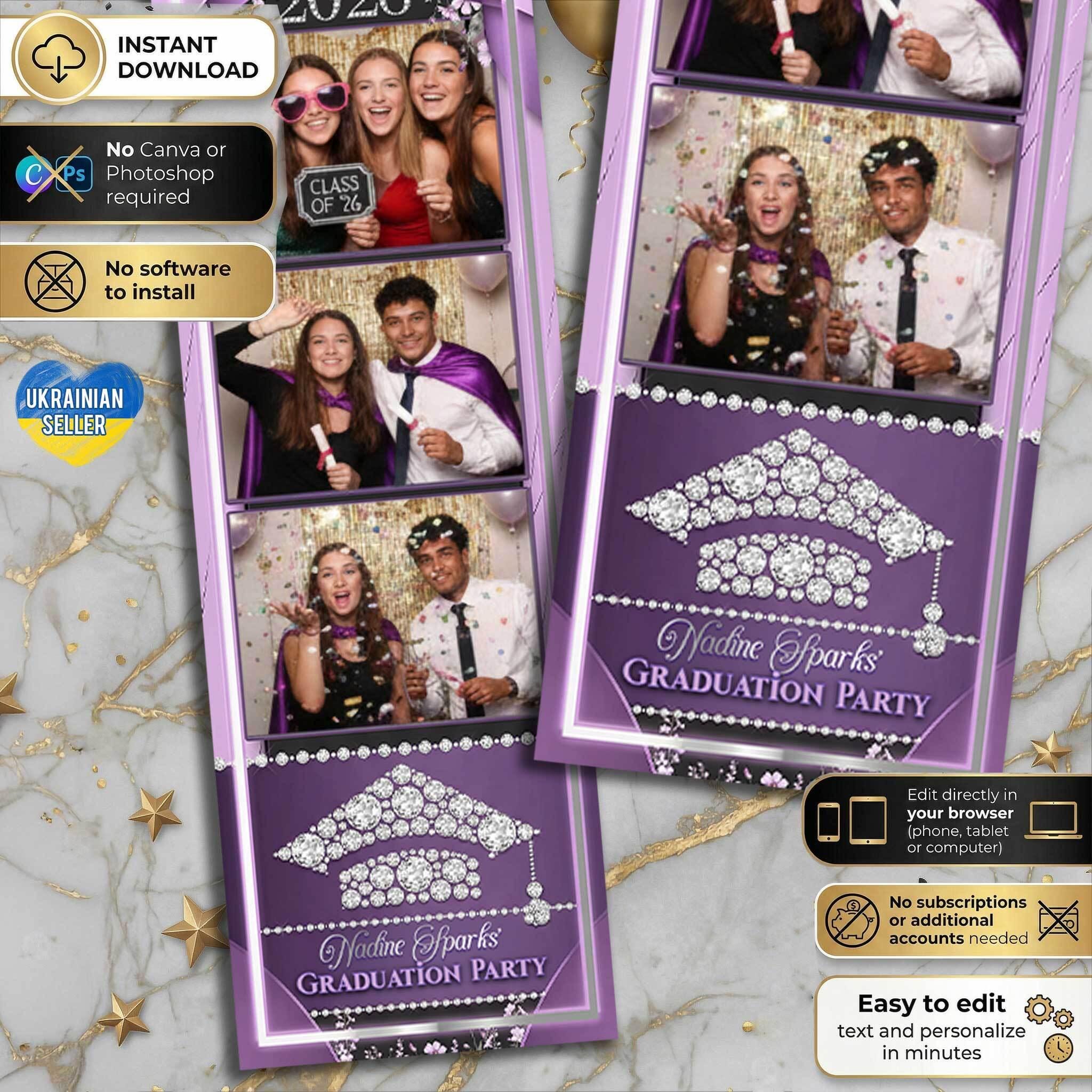 Graduation Photo Booth Template 2x6 Photo Strip Purple Graduation Party ...