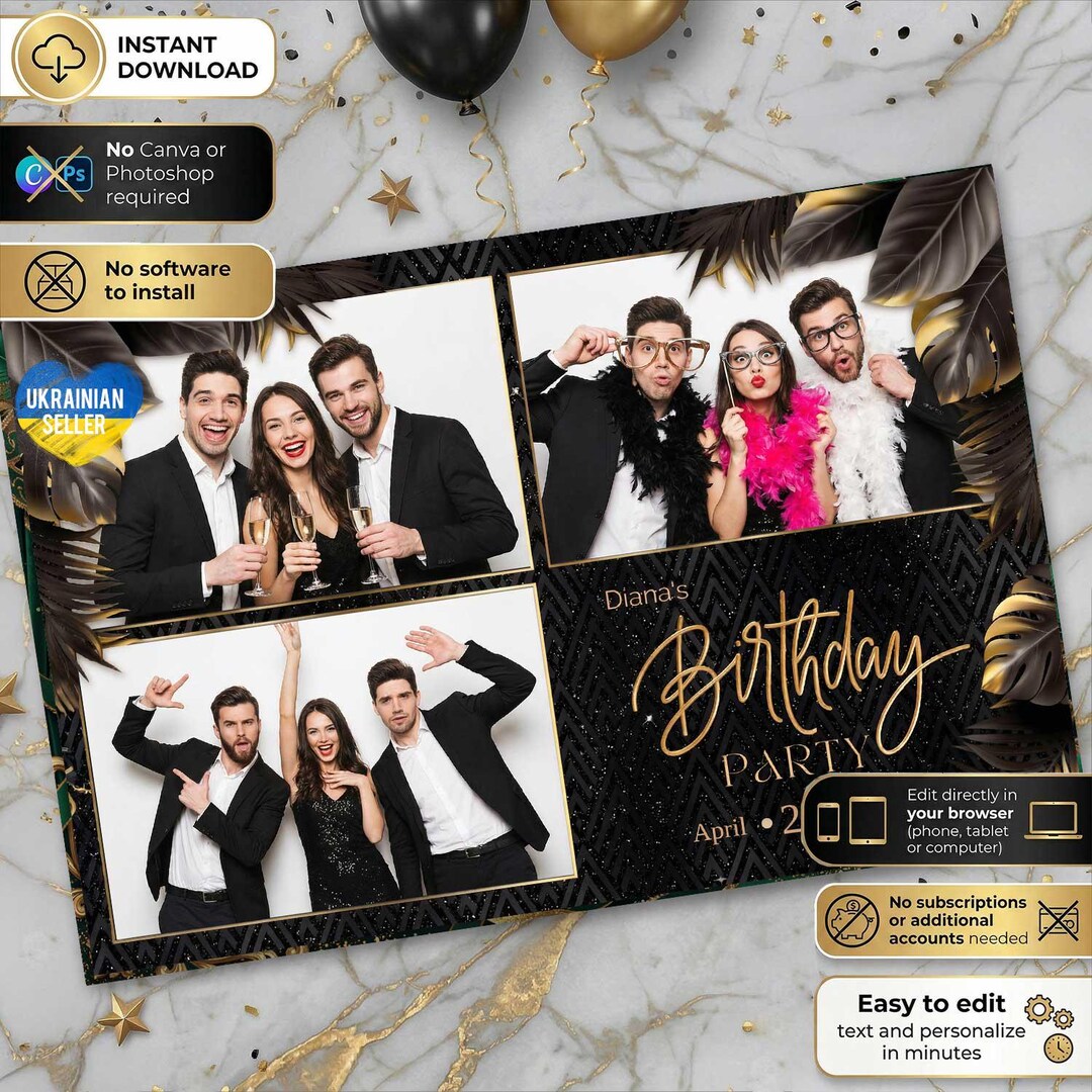 Editable Booth Design Birthday Photo Booth Template – 6x4 Photobooth Strip, Black Gold Photo ...
