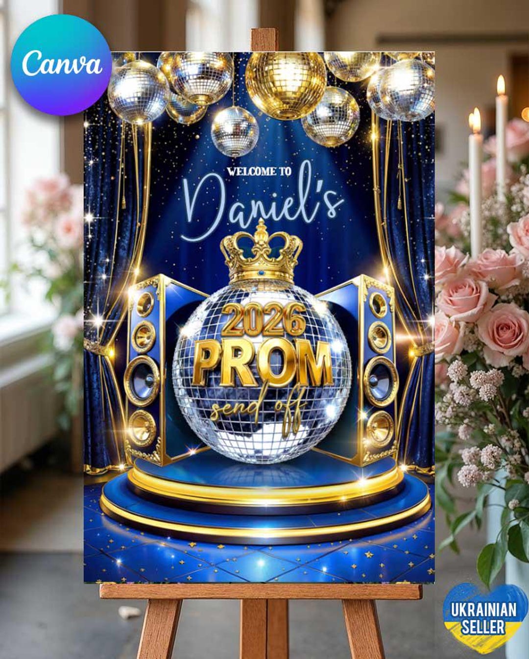 Prom Incoming Sign Blue Gold Prom Welcome Sign Template, Disco Ball Prom Send off Sign ...