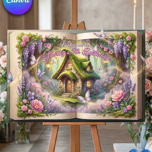 Puede incluir: Un libro abierto con una ilustración de una casa de hadas, rodeada de flores y mariposas. El texto dice "Welcome to Shelby's 5th Birthday" y la fecha "06.08.2026". El libro se exhibe en un caballete de madera.
