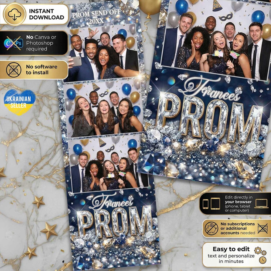 Prom Frame Prom Photo Booth Template 4x6 Blue Gold Prom Photobooth Frame Editable ...