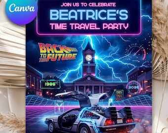 Back to the Future Birthday Invitation Time Travel Party Retro 80s Sci Fi Invite Canva