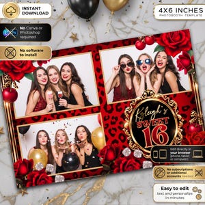 May include: A 4x6 inches photobooth template featuring a red leopard print background, red roses, and cherries. It includes three photo frames and a central gold ornate frame with the text 'Kylegh's SWEET 16' in red and gold lettering.