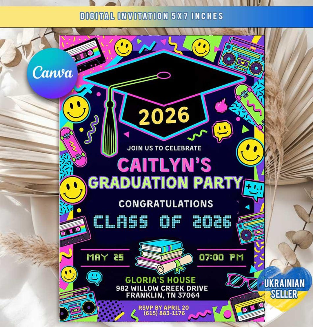 90s Graduation Invitation Retro Grad Party Invite Class of 2026 ...