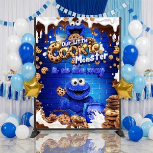Little Cookie Digital Backdrop  Cookie Theme Blue  First Birthday Invite Editable Canva Template