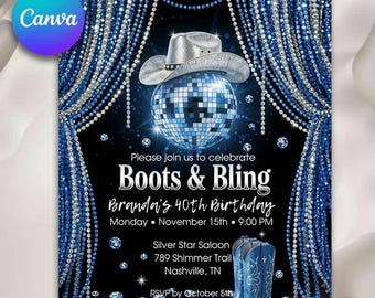 Puede incluir: Tarjeta de invitación digital con tema azul y plateado. El diseño presenta una bola de discoteca, sombrero de vaquero y botas de vaquero azules. El texto incluye "Boots & Bling" y detalles del evento. La invitación mide 12,7 x 17,8 cm.