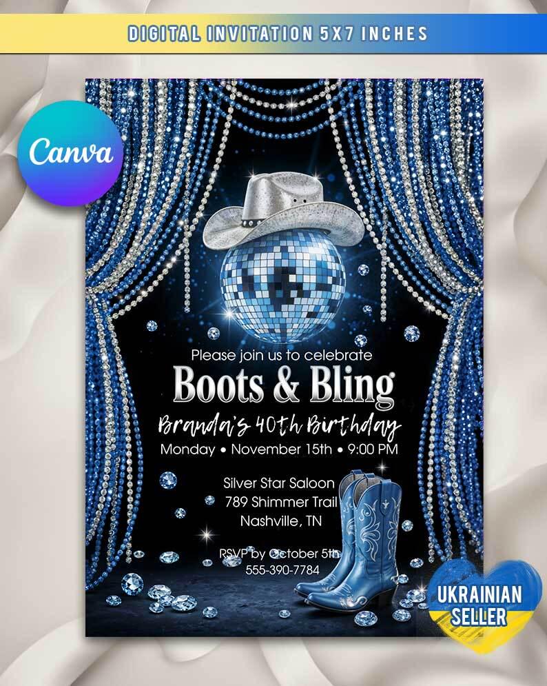 Boots and Bling Birthday Invitation | Western Disco Glam Party Invite ...