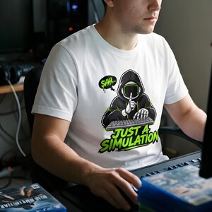 Just a Simulation Shirt, Hooded Hacker Gamer Tee, Cyberpunk Neon Graphic, Tech Lover Gift
