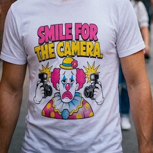 Smile for the Camera Shirt, Creepy Clown Pop Art Tee, Sad Paparazzi, Clowncore Gift
