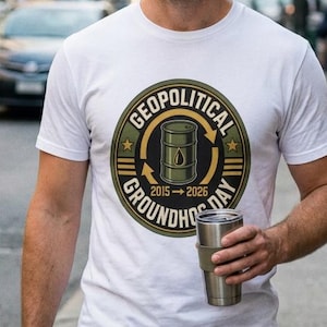 Geopolitical Groundhog Day T-shirt Oil Barrel Graphic Political Satire Vintage Military Patch Unisex Cotton Tee Current Events Apparel