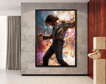 May include: A framed wall art print depicting a person with dark hair in a dynamic dancing pose, wearing a long-sleeved shirt with a vibrant, multi-colored abstract paint splatter pattern and dark trousers against a bright, colorful background.