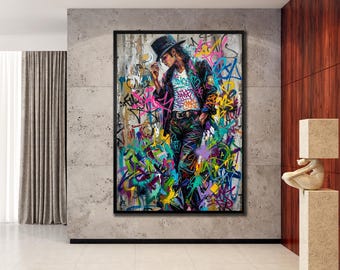 May include: A rectangular wall art print featuring a stylized portrait of a person wearing a black fedora, a dark jacket, and a white t-shirt, set against a vibrant, multi-colored graffiti background with various abstract shapes and paint splatters.