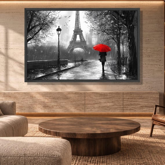 Paris Rainy Day Eiffel Tower Canvas, Red Umbrella Painting, Romantic Cityscape Wall Art