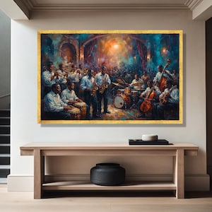 May include: A rectangular wall art print featuring an oil painting of a jazz band performing on stage. The musicians play saxophones, trumpets, drums, a cello, and a double bass. The scene is rendered in deep blues, warm oranges, and gold tones.