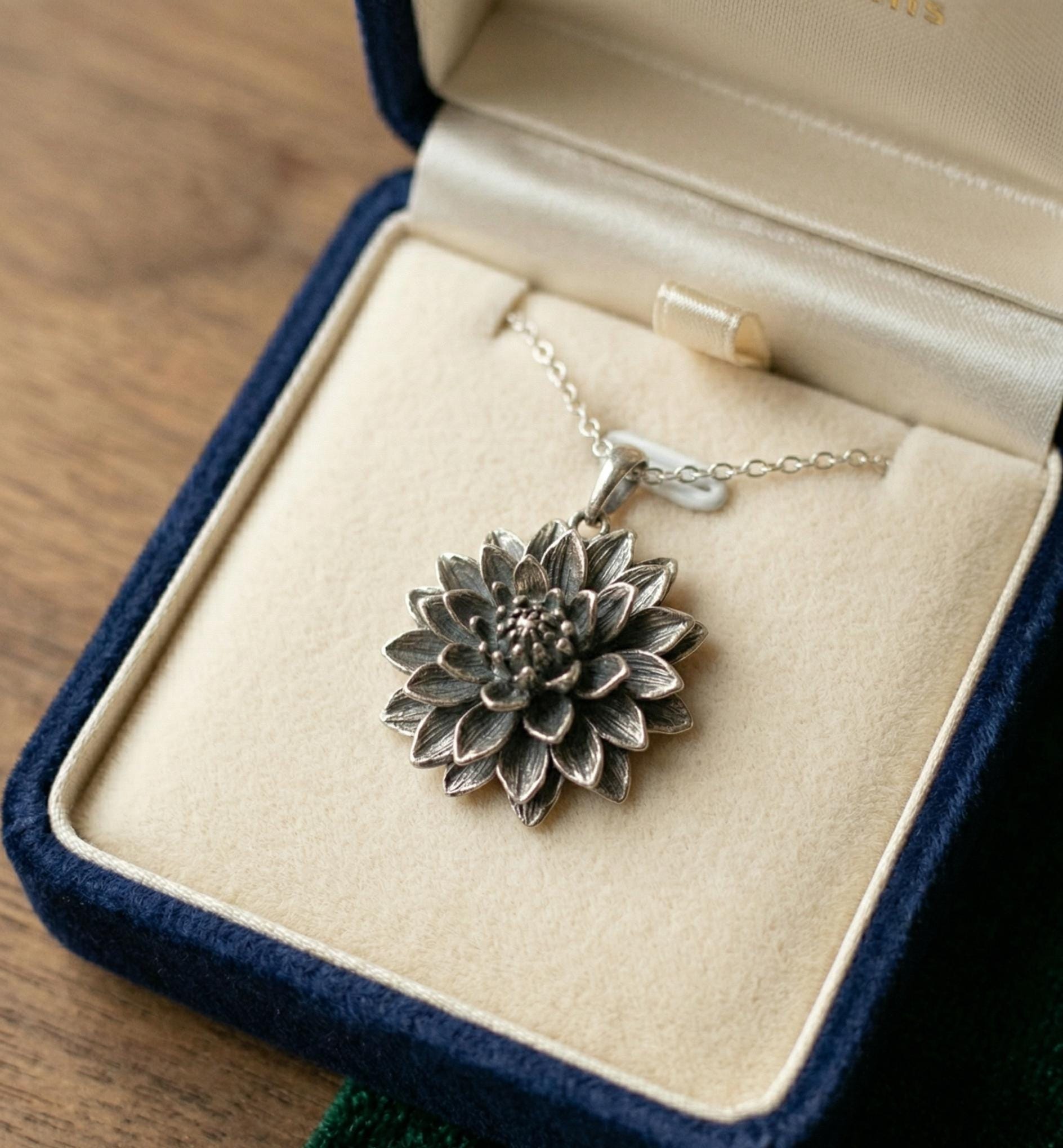 Broken Dahlia Flower Necklace, Sterling Silver Floral Pendant