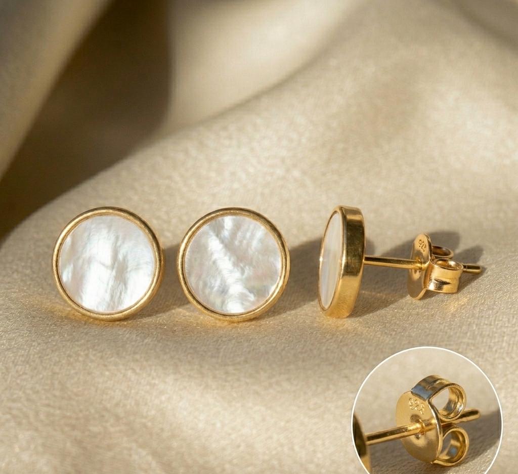 Mother of Pearl Stud Earrings 925 Sterling Silver Round Minimalist Gift Jewelry