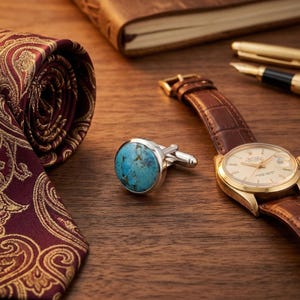 Op de afbeelding: Een opgerolde bordeauxrode paisley stropdas, een zilveren manchetknop met een turkooizen steen en een gouden polshorloge met een bruine leren band liggen op een houten oppervlak. Een leren notitieboek en pennen zijn op de achtergrond.
