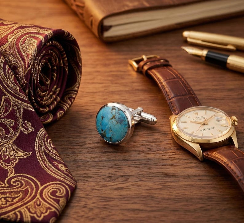 Op de afbeelding: Een opgerolde bordeauxrode paisley stropdas, een zilveren manchetknop met een turkooizen steen en een gouden polshorloge met een bruine leren band liggen op een houten oppervlak. Een leren notitieboek en pennen zijn op de achtergrond.