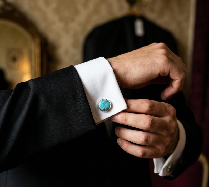 Op de afbeelding: Close-up van een persoon die een manchetknop op een zwart jasje aanpast. De manchetknop heeft een ronde, turquoise steen in zilver gezet. De manchet van het overhemd is wit.