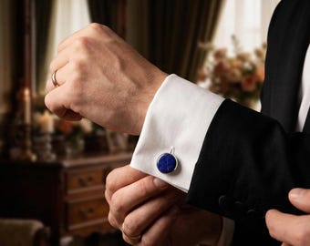 Lapis lazuli-manchetknopen, manchetknopen van blauwe steen voor heren, manchetknopen zilveren bruiloft, cadeau bruidsjonker