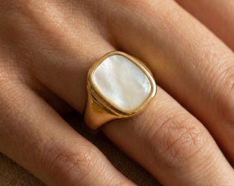 Parelmoer zegelring, 925 zilveren statementring, vintage geïnspireerde sieraden