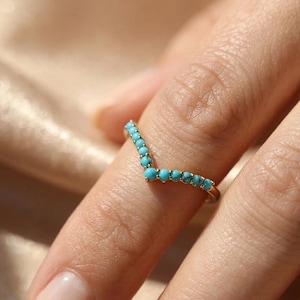 Dainty Turquoise Chevron Ring, 925 Sterling Silver V Band, Minimalist Stackable Jewelry