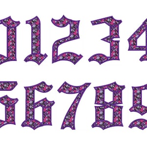May include: Set of ten decorative numbers, zero through nine, in a gothic font. Each number is outlined in purple and filled with a floral pattern in shades of pink, purple, and white. Ideal for crafting or scrapbooking projects.