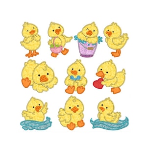 May include: A collection of ten yellow cartoon ducklings in various poses. Some ducklings hold a pink basket, a blue bow tie, and a red heart. Others are in water or standing. All have orange beaks and feet.