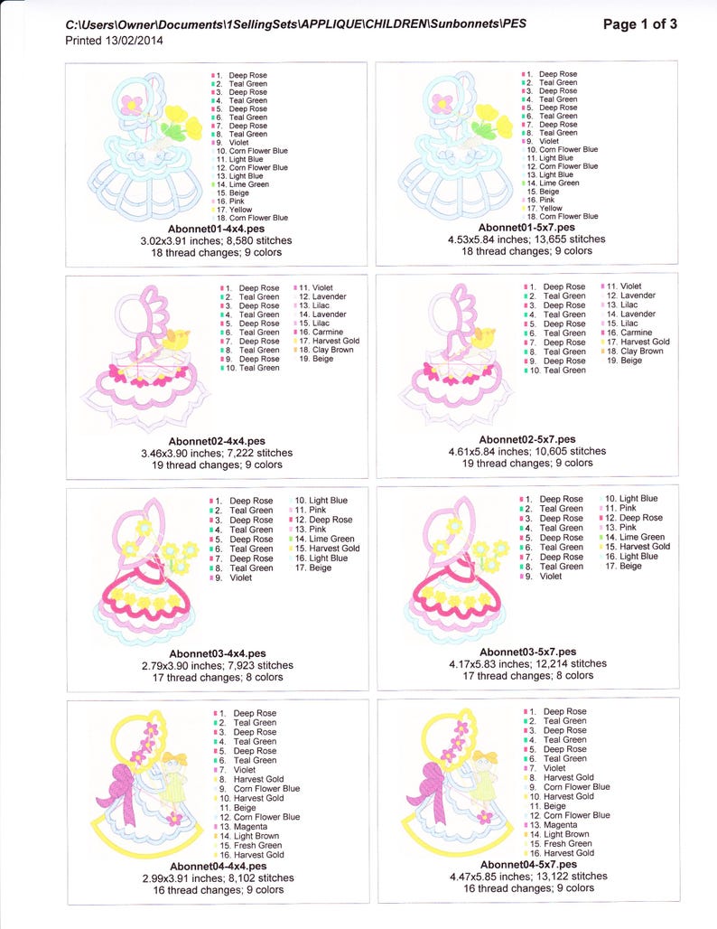 Pu&ograve; includere: Una pagina di disegni per ricamo di cappellini per bambini. Ogni disegno presenta un cappellino con un accento floreale o un fiocco, in varie combinazioni di colori. I disegni sono etichettati con dimensioni in cm e conteggi di punti.