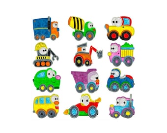 Può includere: Una collezione di veicoli colorati in stile cartone animato, tra cui un dumper, una betoniera e un escavatore. Ogni veicolo ha grandi occhi espressivi ed è delineato in nero. I veicoli sono in vari colori, come blu, verde, giallo e rosso.