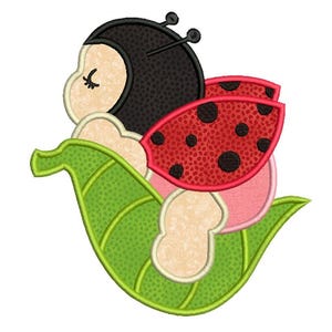 May include: A whimsical cartoon ladybug design. The ladybug has a black head with antennae, red wings with black spots, and is resting on a green leaf. The ladybug's body is a light beige color, and the wings are outlined in red.