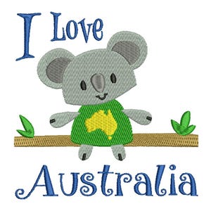 Può includere: Design ricamato con un koala grigio che indossa una maglietta verde con una mappa gialla dell'Australia. Il koala è seduto su un ramo marrone con foglie verdi, e il testo "I Love Australia" è scritto in blu.