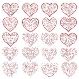May include: A collection of twenty red heart-shaped designs with intricate floral and swirl patterns. Each heart has a scalloped border, creating a delicate and ornamental appearance. The designs are arranged in a grid on a white background.