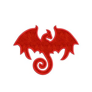 May include: A red dragon design with outstretched wings and a curled tail. The dragon is a solid color with a textured appearance, set against a white background. The design is suitable for fantasy-themed products.