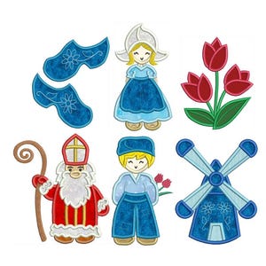 Puede incluir: Colección de diseños bordados con temática holandesa. Incluye zuecos, una niña con traje tradicional, tulipanes, Sinterklaas, un niño y un molino de viento. Los diseños presentan colores azul, rojo, blanco y amarillo.